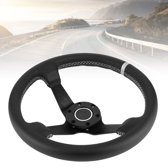 Volant de Course Volant de Course Volant en Cuir Volant de Remplacement Accessoire Modifié pour Voiture 350 Mm/14 Po pour Style 6 - Volant de Course en Cuir Noir avec Klaxon
