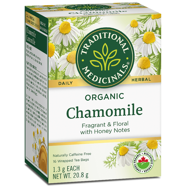 TRADITIONAL MEDICI CHAMOMILE organic box of 16 individually wrapped chamomile tea bags, fragrant floral infusion with honey notes, naturally caffeine-free herbal tea for rest and relaxation; often used as a gentle bedtime sachet for linen drawers.