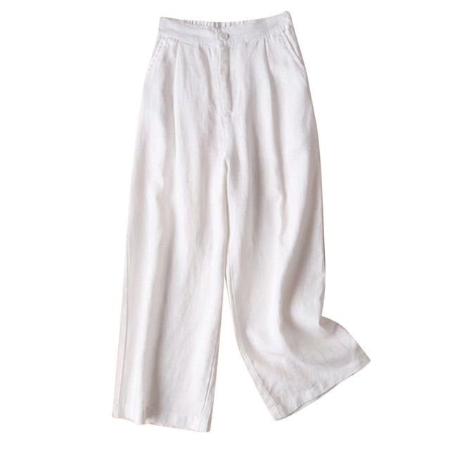 Timegard Womens Lounge Pants Wide Leg Cotton Linen Elastic Waisted Button Loose 3/4 Pants with Pockets