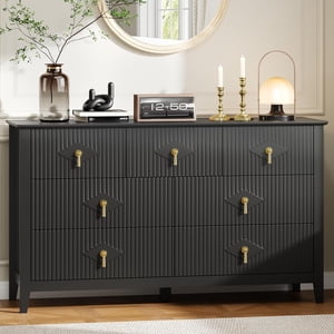 Dressing flutté 54 De pouce large, 7-Drawer Dressing en bois pour chambre à coucher, coffre moderne des tiroirs, armoire d'organisateur de rangement pour salon, hall d'entrée, entrée, noir