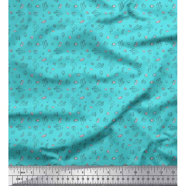 Soimoi Rayon Fabric Cactus,Alarm Clock & Flamingo Shirting Printed Fabric 1 Yard 42 Inch Wide