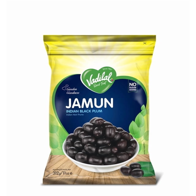 Vadilal Confiseries de Prune Noire Indienne en Sachet Jaune-Vert avec un Bol de fruits de Jambon Noir Lustré sur une surface en Bois, Sans Sucre Ajouté, Poids net de 312 g (11 Oz), Souvent Utilisées dans les desserts Indiens Traditionnels.