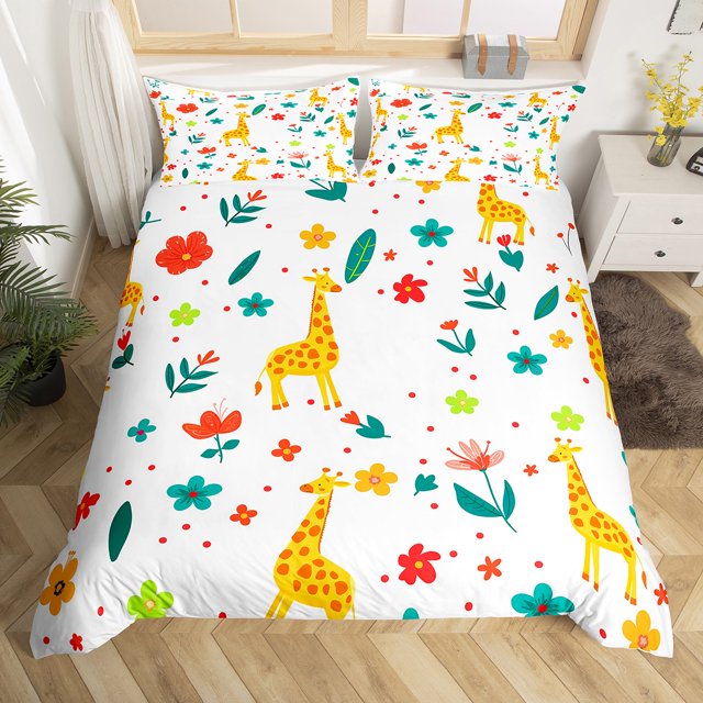 YST Giraffe Comforter Cover Twin Duvet Cover Cute Flower Animal Bedding Set, Funny Animal Bed Set Botanical Flower 3D Bed Cover For Bedroom, No Comforter (Pink Reverse),No Comforter