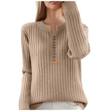 GDREDA Sweaters for Women V Neck Long Sleeve Shirts Loose Casual Fall Winter Fashion Clothes 2024 Brown,XL