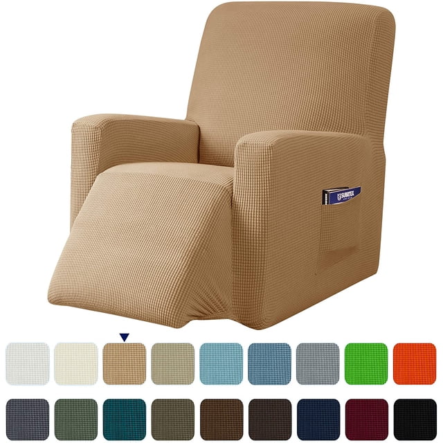 Subrtex Housse Extensible pour Fauteuil Inclinable 1 Pce avec Motif Quadrillé Texturé de Couleur camel, Dotée d'Une Poche Latérale pour le Rangement, de Coins Élastiqués pour un Ajustement Serré et d'Un Tissu polyester-spandex durable. Idéale pour Protéger les Meubles contre les Déversements et l'Usure, avec Plusieurs options de Couleur Affichées Ci-Dessous.