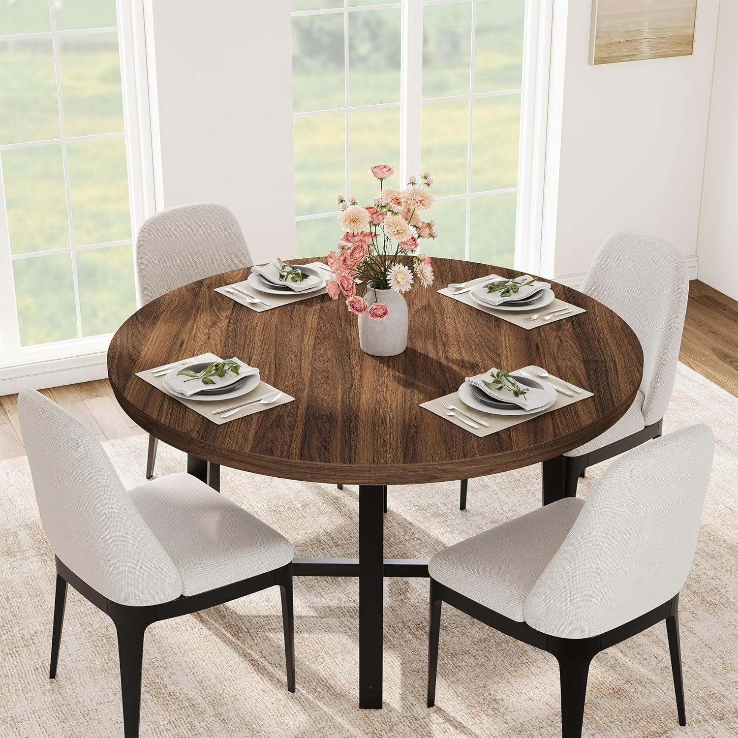 47 in Round Dining Table, Industrial Dinner Table for 4 to 6, Wooden Kitchen Table with Sturdy Metal Frame & Rustic Brown Finish, Circle Kitchen Table for Dining Room, Kitchen （No Chairs）