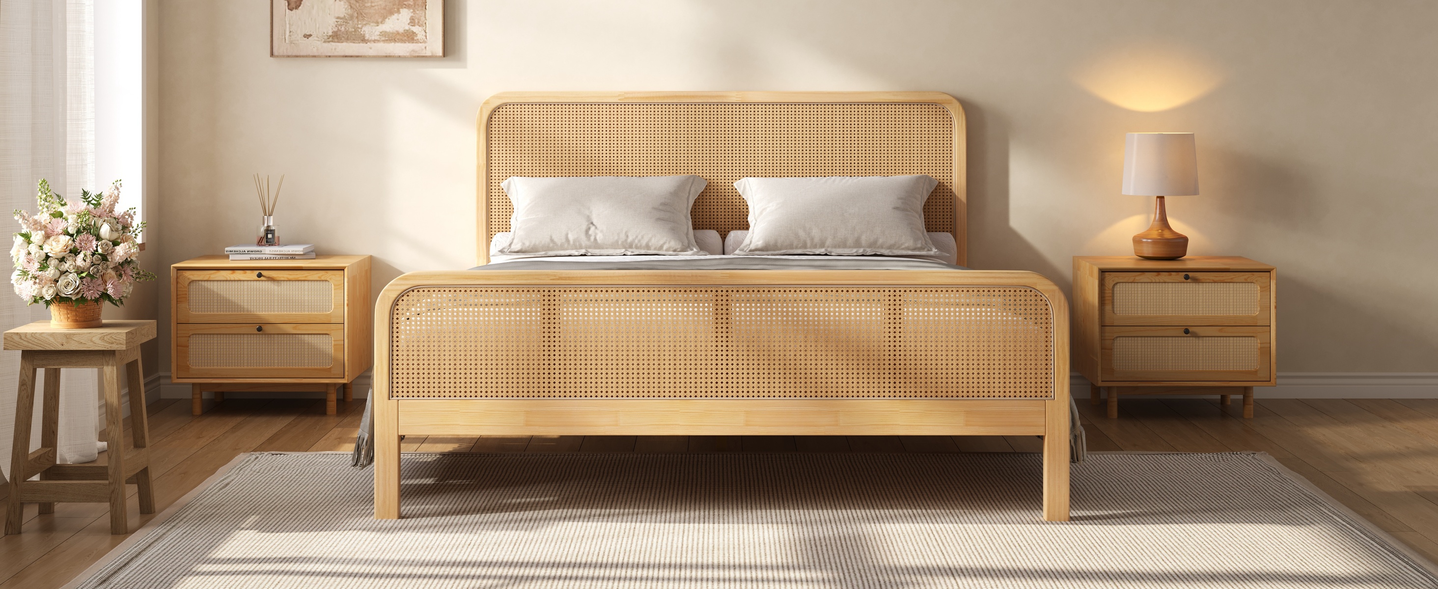 Lit de plateau en rattan moderne Noble House, dossier et pieds en cannelure avec panneaux tissés naturels, cadre de lit à l'âge d'or, noyer