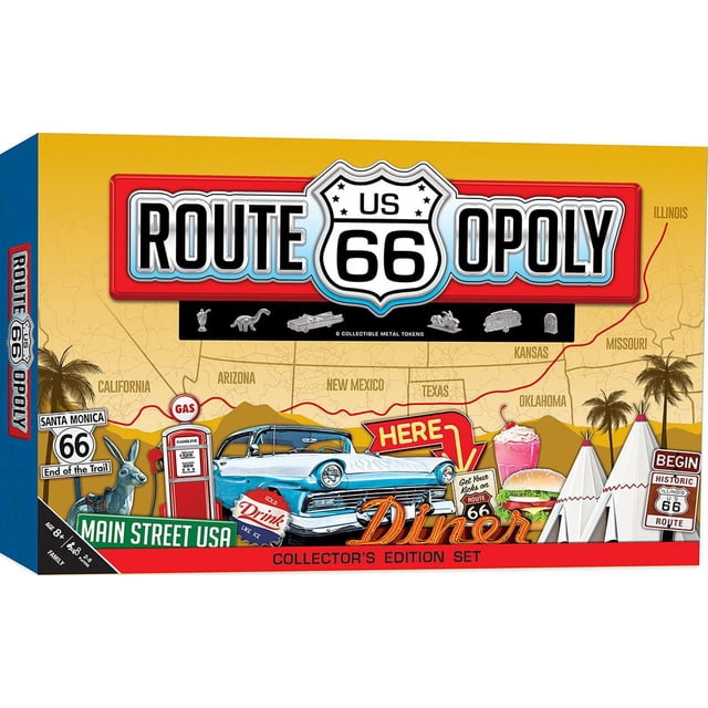 Masterpieces Casse-Tête Company Route 66 Opoly Boîte de Jeu de Société Mettant en Vedette une Voiture Rétro Bleue, une Pompe à Essence vintage, un Panneau de diner avec burger et milkshake, des Tipis et une Carte de la Route 66 avec des États et des Monuments, pour 2 à 6 Joueurs de 8 Ans et Plus.