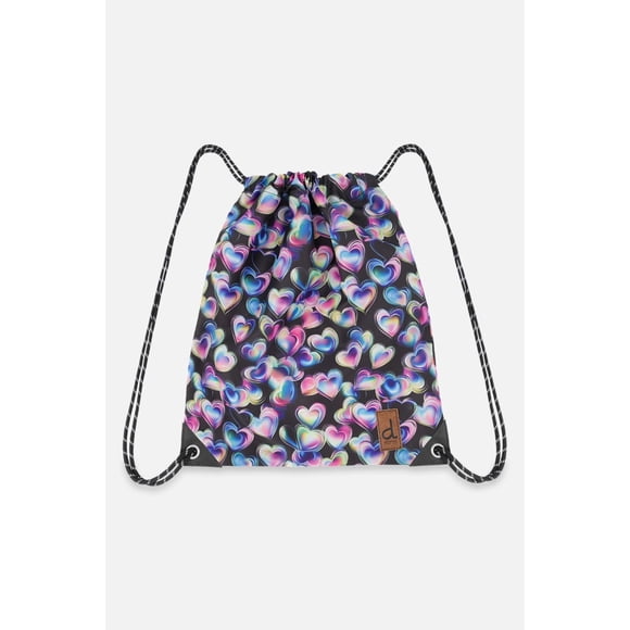 Deux par Deux Little Girl Hearts Practical Charming Lightweight Drawstring Bag Black Printed With Hearts