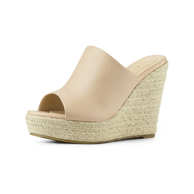 BLISSFUL STEP Chaussures pour Femmes Talon Compensé Bout Ouvert Espadrilles Mules à Plateforme Beige 10
