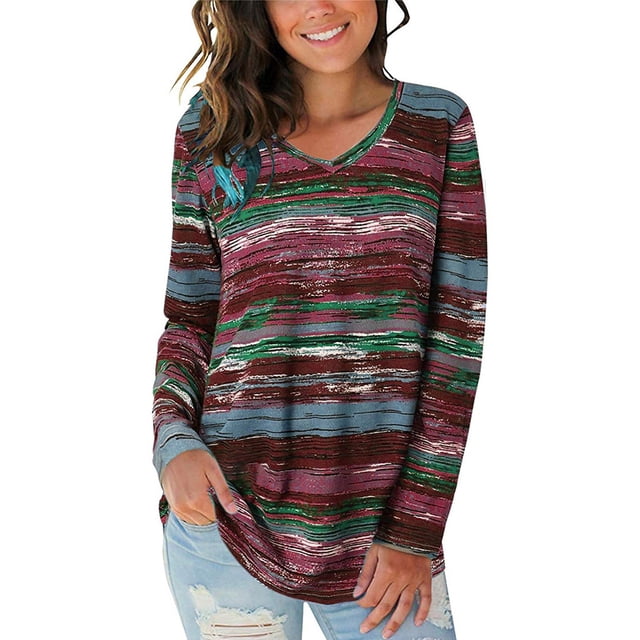 ziyahi T-shirt Femme Automne Imprimé Col en V Manches Longues Blouse Décontractée, Rouge Vin, TTG