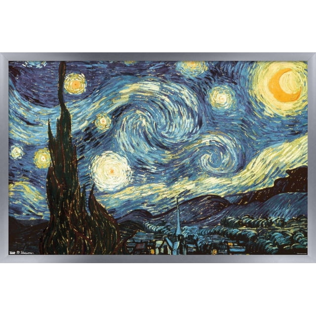 La Nuit Étoilée par Vincent van Gogh Affiche Murale, 22,375 Pouces x 34 Pouces, Représentant un Ciel Nocturne Tourbillonnant Bleu et Jaune avec des Étoiles Brillantes et un Croissant de Lune au-Dessus d'Un village et un Haut Cyprès, Imprimée sur Papier Lustré pour une Déco Murale Vivante, Idéale pour les Chambres, les Bureaux Ou les Dortoirs.