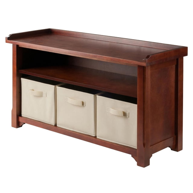 Banc de Rangement Verona et Paniers avec Cadre en Bois Massif Fini Noyer, Dessus Plat pour s'Asseoir, Tablette Centrale Ouverte et Trois Paniers Beiges Pliables en Polyuréthane avec Poignées, Idéal pour Organiser des Chaussures, des Jouets Ou des Couvertures dans les Entrées Ou les Salles de Jeux.