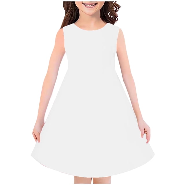 vdgthytj Robes Midi d'Été pour Filles Col Rond Couleur Unie Robe Soleil Sans Manches Ligne A Fluide Longueur Genou