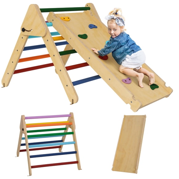 Qaba Ensemble Triangle Pikler, Jouets d'Escalade 3 en 1 pour Tout-Petits, Bois Naturel
