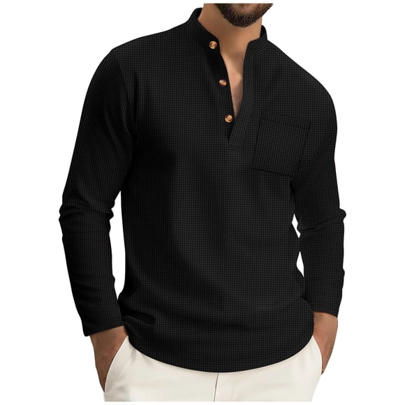 LNWUY Men's Henley Shirts Cotton Long Sleeve T-Shirts 3 Button Pocket Tops Lightweight Comfort Casual Basic Tee Black XXXL