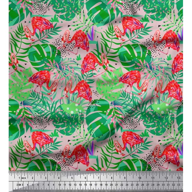 Soimoi Satin Silk Fabric Tropical Leaves & Flamingo Bird Print Fabric by Yard 42 Inch Wide