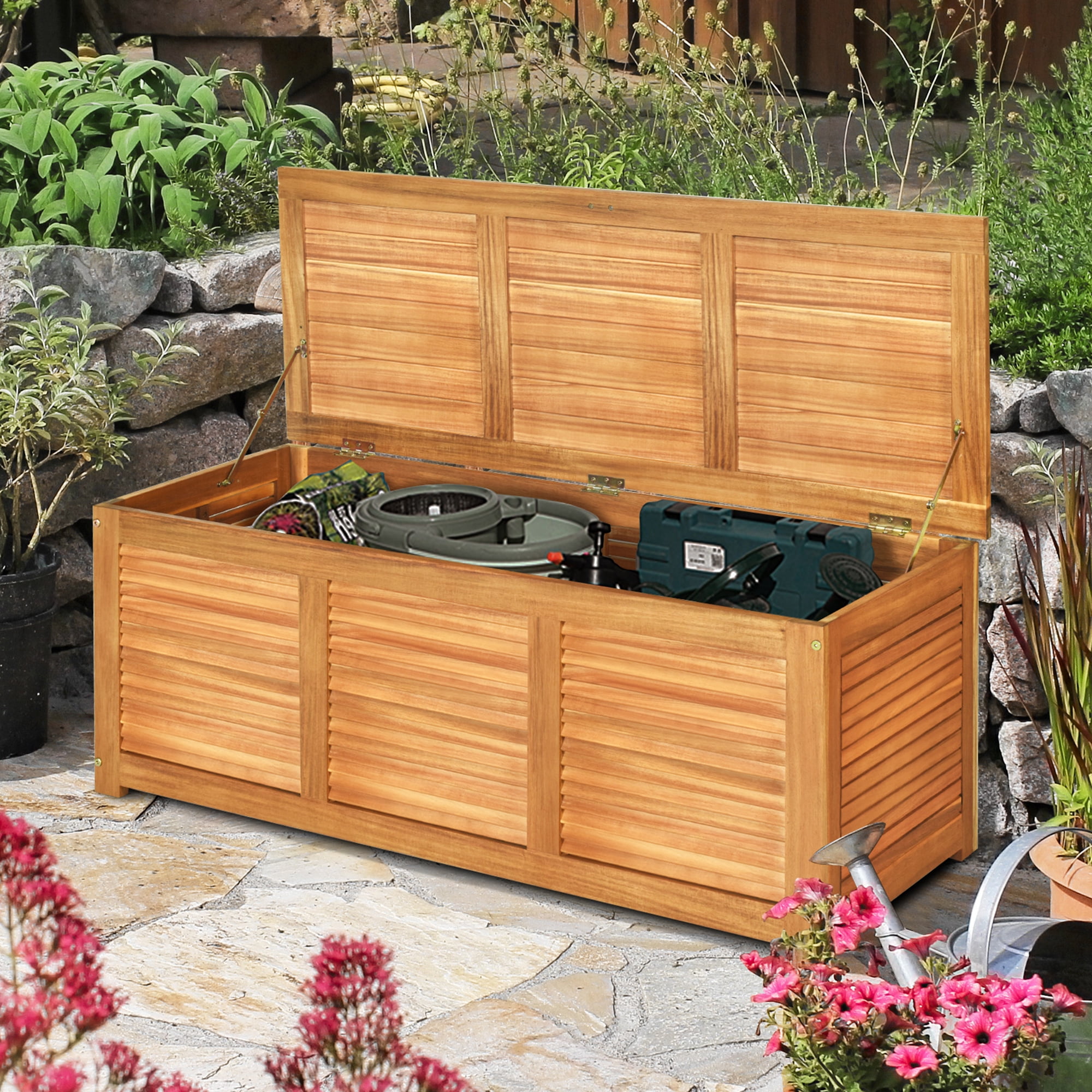 Gymax Acacia Wood Deck Box 46 Gallon Garden Backyard Storage Bench