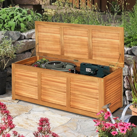 Gymax Acacia Wood Deck Box 46 Gallon Garden Backyard Storage Bench Container