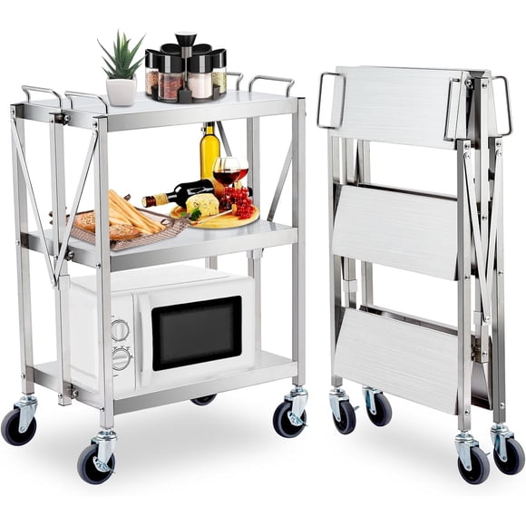 Garvee Foldable 3 Tier Metal Utility Rolling Cart, 25 x 15.8 x 37.8", 440 lbs Load Capacity, Silver