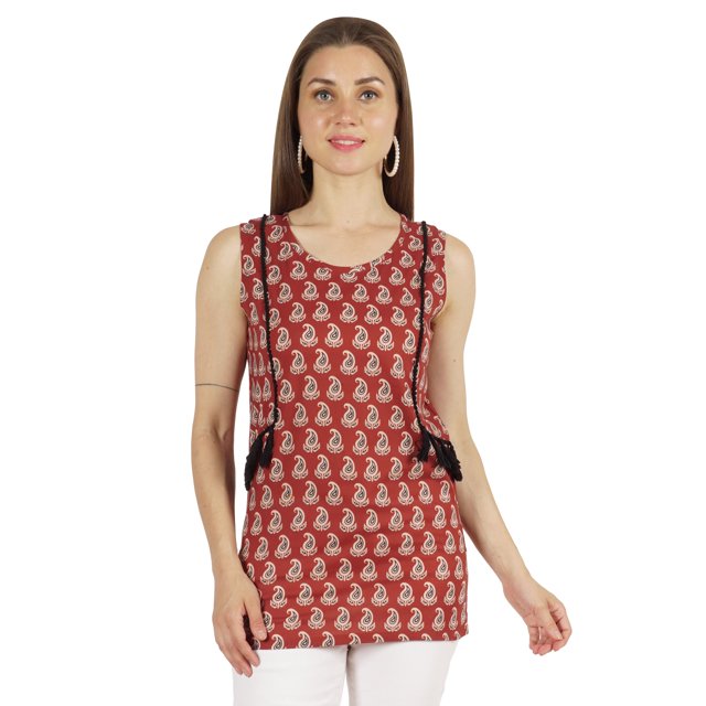 Moomaya Tunique Sans Manches en Coton Imprimé à Col en V Haut Long d'Été Blouse Décontractée pour Femmes