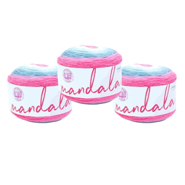 Lion Brand Yarn Mandala Multicolor Light DK Acrylic 3 Pack Yarn featuring three skeins with pink to blue gradient colors, wrapped in white labels with the Lion Brand logo and 'mandala' text, suitable for crochet and knitting, machine washable and ideal for scarves or shawls.