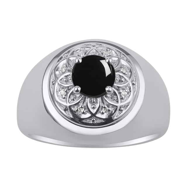 RYLOS Men's Rings Sterling Silver Designer Gypsy 7MM Round Gemstone & Diamond Ring Cabochon Onyx October Size 12