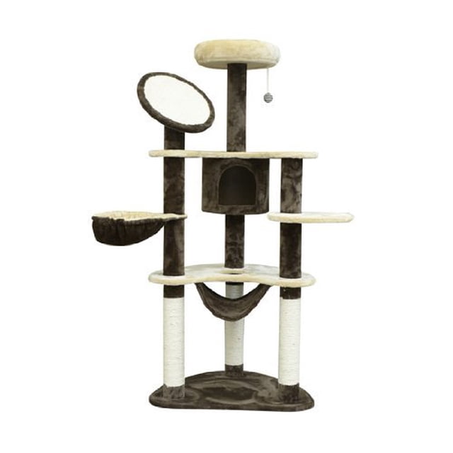 PawHut Arbre à Chat en Peluche à Plusieurs Niveaux pour Grands Chats Adultes, 60 Pouces H, Brun. Ce Grand Arbre à Chat Présente Plusieurs Niveaux avec des Poteaux à Griffer Recouverts de Sisal Naturel, un condo Douillet, Hamac, Panier, Perchoirs et un Jouet à Pompon Suspendu. Meuble pour Chat Idéal pour l'Intérieur, Il Est Fait de Panneau de Particules Recouvert de Peluche Douce, Favorisant le Grattage et l'Escalade Tout en Protégeant les Meubles. Dimensions : 25.6 Pouces L x 19.7 Pouces L x 60.2
