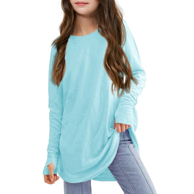Girls Fall Shirts & Blouses Children Long Sleeve Crew Neck Loose Solid Color Light Blue Going Out Fall Tops for 13-14 Years