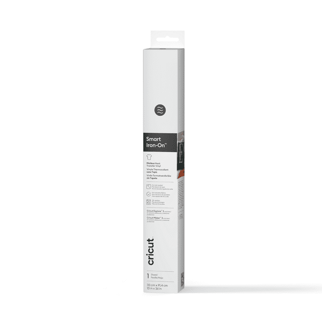 Cricut® Smart Iron-On™ Vinyle de Transfert Thermique Sans Tapis (3 Pi), Emballage en Rouleau Blanc Autoportant avec Détails du Produit Incluant Aucun Tapis de machine Requis, Coupes Continues jusqu'à 12 Pi, Idéal pour Tissus en Coton et polyester, et dimensions 13 Po x 3 Pi, Optimisé pour les machines de Découpe Cricut et les Projets de Vinyle d'Artisanat.