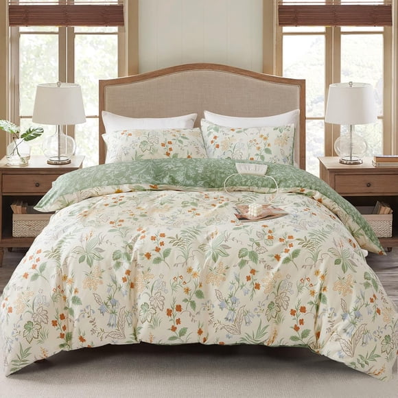 Nayoroom Housse de Couette Botanique 3 Pcs Motifs Floraux Blancs et Feuilles Vertes Imprimés Ensemble de Literie Grand Style Rustique Campagnard pour Toutes les Saisons