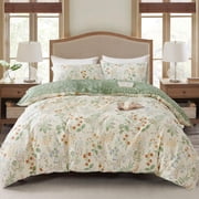 Nayoroom 3 Pieces Botanical Duvet Cover White Floral Patterns and Green Leaves Printed Queen Bedding Set Rustic Country Style for All Seasons