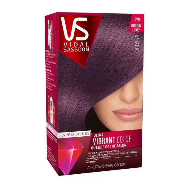 Vidal Sassoon PRO Series Permanent Hair Color box in London Luxe Oxford Violet Onyx shade, featuring a violet hair color swatch and text highlighting ultra vibrant, long-lasting permanent colour lasting up to 8 weeks with one application.