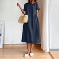 thumbnail image 2 of Birdeem Womens Summer Fashion Solid Color Round Neck Short Sleeve Cotton Linen Dress, 2 of 9