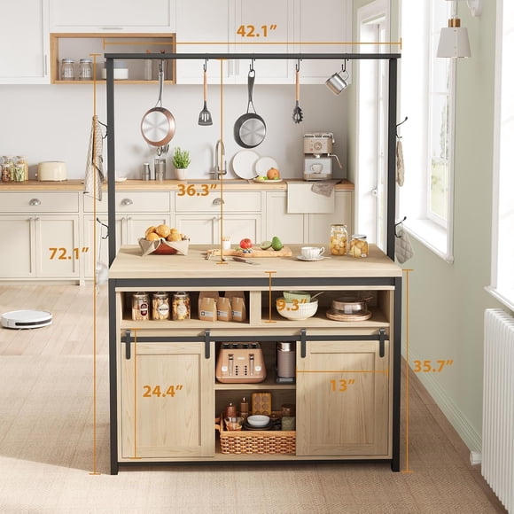 Cherish Farmhouse Kitchen Island with Storage & Sliding Barn Doors - 48" Coffee Bar Station with Power Outlet, Storage Cabinet & Hooks - Dining Room Center Table (Brown)