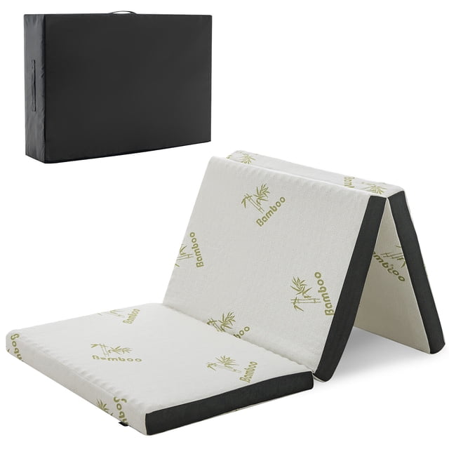 Gymax Simple-TG Surmatelas de Sol en Mousse Mémoire 3 Pieds' à Trois Volets Portable avec Sac de transport. Conçu avec une Housse Blanche à Motif Bambou, des sections Pliables et des Bords Noirs. Idéal comme Lit Portable, Tapis de Jeu Ou Siège Supplémentaire. Comprend un Sac de transport Noir pour le Rangement et le transport.