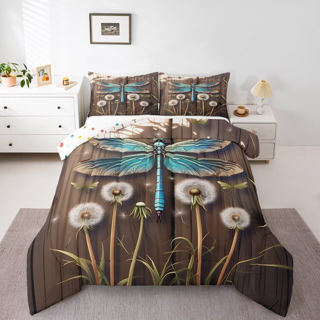 Erosebridal Ensembles de Couette Florale Pissenlit Format Grand, Ensemble de Literie Libellule Couette Grand, Déco de Chambre à Fleurs, Réversible, Respirant, 3 Pcs