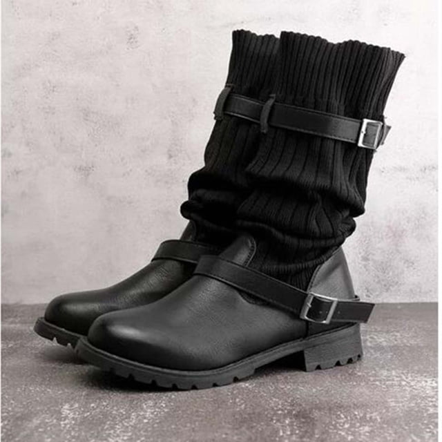 Bottes Chaussettes pour Femmes Automne Hiver à Talon Carré, Talon Bas, Mi-Mollet, avec Boucle de Ceinture