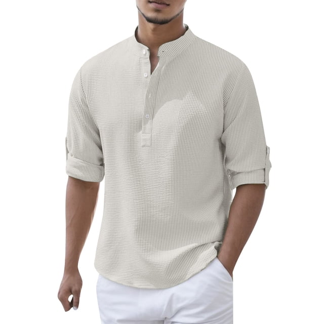 PMUYBHF T-Shirts pour Homme T-Shirts Graphiques T-Shirts Hommes Mode Décontractée Printemps et Automne Mode Couleur Unie Bouton Manches Longues Col Chemise Haut
