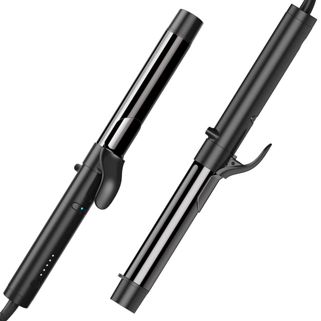 TYMO Rota Ionic Rotaing Curling Iron with 1.25-inch titanium-coated barrel and dual rotation technology, shown in black matte finish from two angles, featuring clamp and control buttons, heats up quickly with adjustable temperature settings for various hair types.