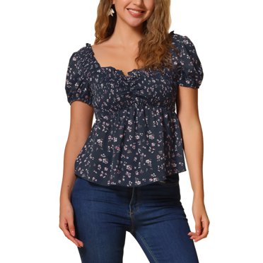 Allegra K Blouse à Manches Courtes Bouffantes Florale pour Femmes Col Cœur Froncé Volanté Haut Paysan TG Bleu Foncé