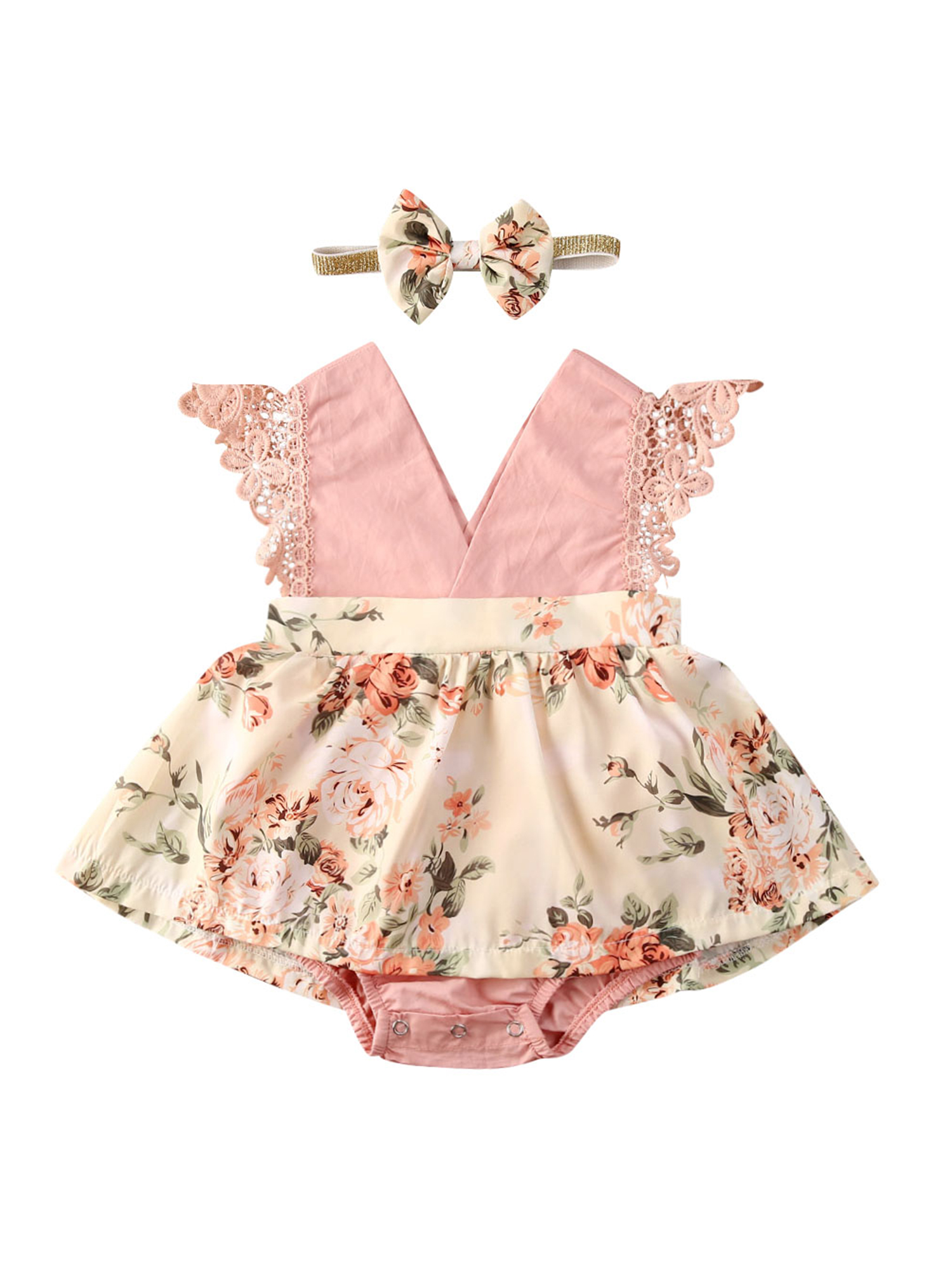 Faithtur Girls Floral Print Clothes Set Backless V-neck Romper+Headband