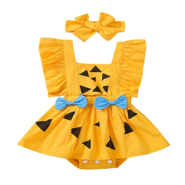 2Pcs Infant Baby Girls Halloween Outfit Triangle Print Square Neck Ruffled-Sleeve Romper + Hairband