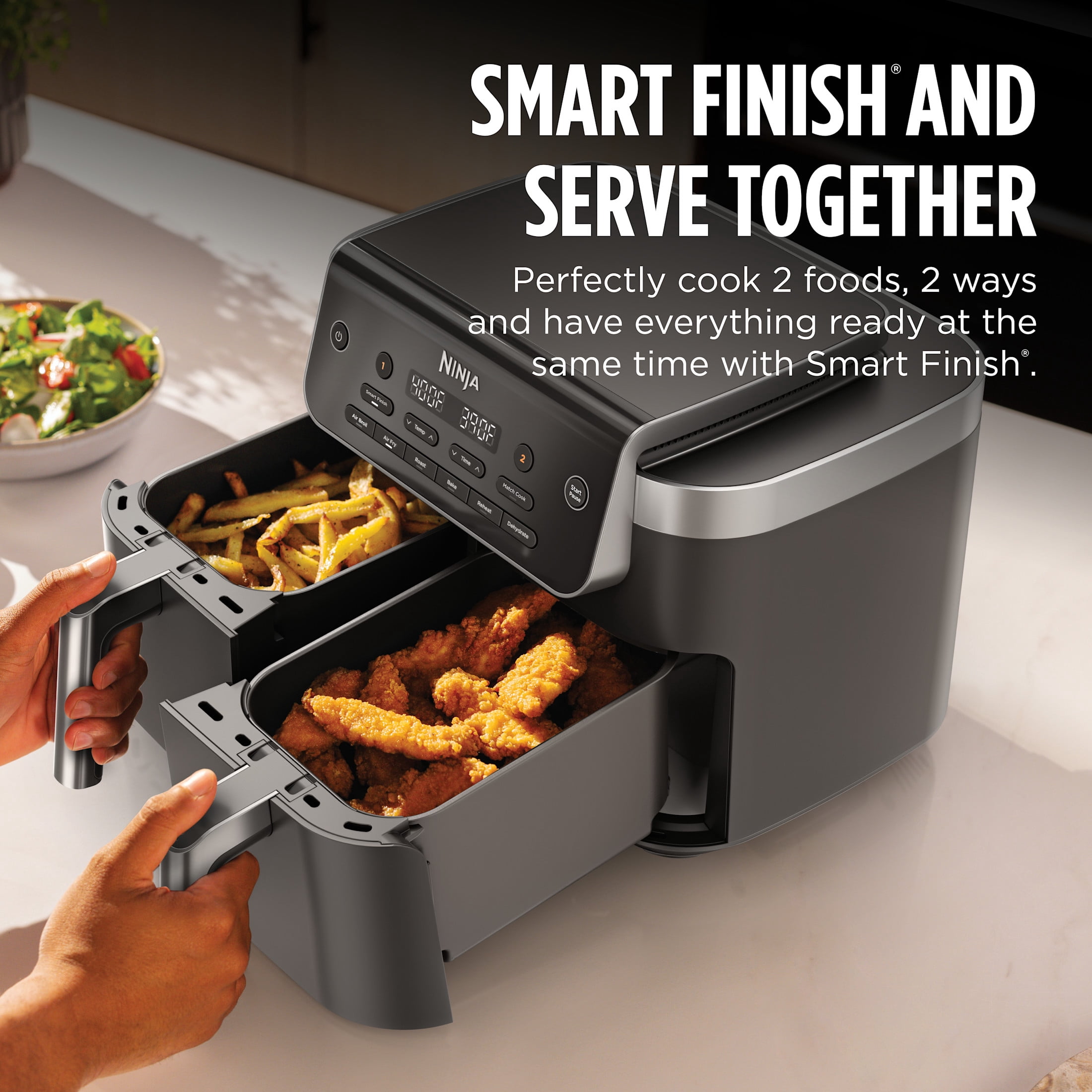 Ninja DualZone Air Fryer 8-Qt, 6-in-1, 2 Baskets, Smart Finish & Match Cook, Air Fry Roast Bake, DZ801C Gray