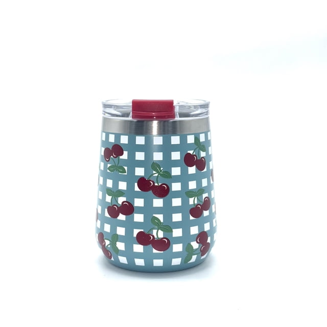 Vin SS 11OZ MUG Cerise avec Motif à Carreaux Bleu aqua et Blanc avec Imprimés de Cerises Rouges, Bord en Acier Inoxydable, Couvercle Transparent avec Coulisse Rouge, ultra portable et Résistant aux Taches, Idéal pour Boissons Chaudes et Froides à la Maison, au Travail Ou à la Bibliothèque.