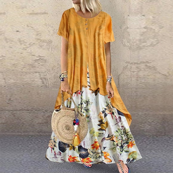 ZANZEA Robe Maxi à Fleurs pour Femmes à Manches Courtes et Col Rond