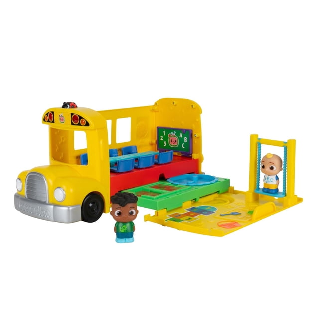 CoComelon Transforming School Time Bus in yellow with blue seats, unfolding to reveal six play areas including a classroom with a chalkboard and a playground with a swing, accompanied by two character figures, ideal for creative and educational play.