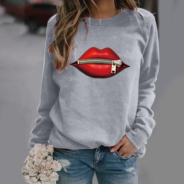 2023 Chandail de Mode pour Femmes Rabais de 50 % Liquidation Mode pour Dames Fermeture Éclair Lèvres Imprimé Graphique Manche Col Rond Chandail