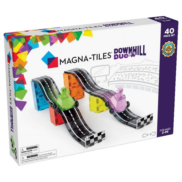 MAGNA-TILES Downhill Duo 40-Piece Magnetic Construction Set, a multicoloured magnetic blocks kit featuring ramps, roads, and two kid-powered Dashers in green and pink. The packaging highlights race-themed elements and bold colours, promoting imaginative play and STEAM learning for ages 3 to 99.