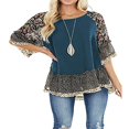 thumbnail image 3 of Women 3/4 Sleeve Solid Floral Hem Leopard Print Blouse Loose Top, 3 of 6